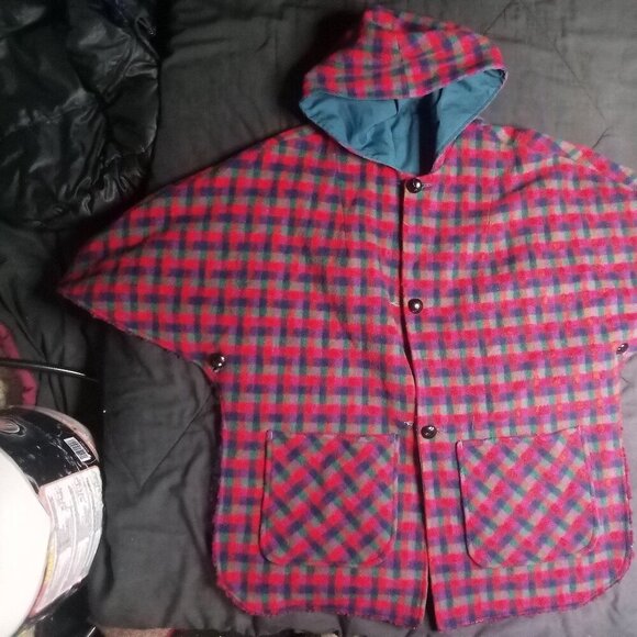 Vintage Pioneer Wear Reversible Sleeveless Poncho Jacket Hood Wool - Picture 5 of 8